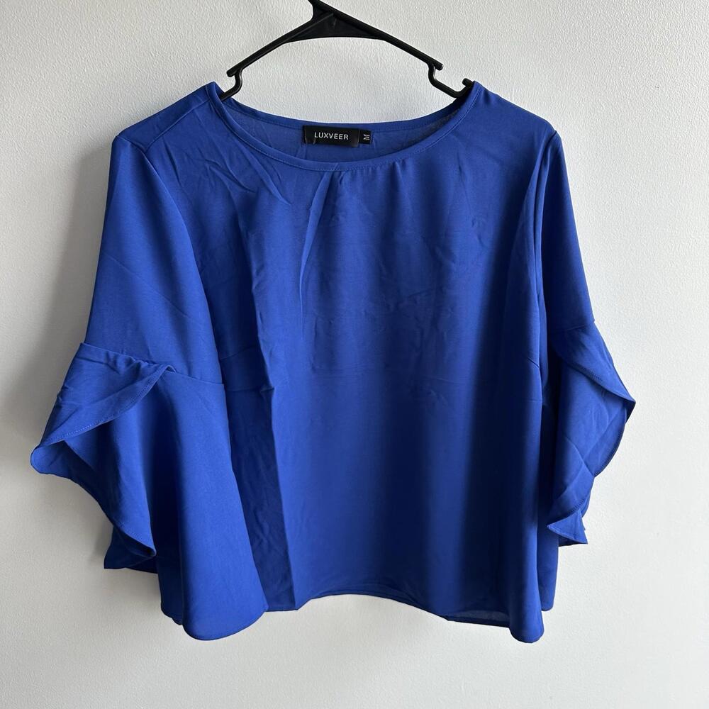 Luxveer Womens Blue Sz Medium 3/4 Ruffle Sleeve Pullover Top